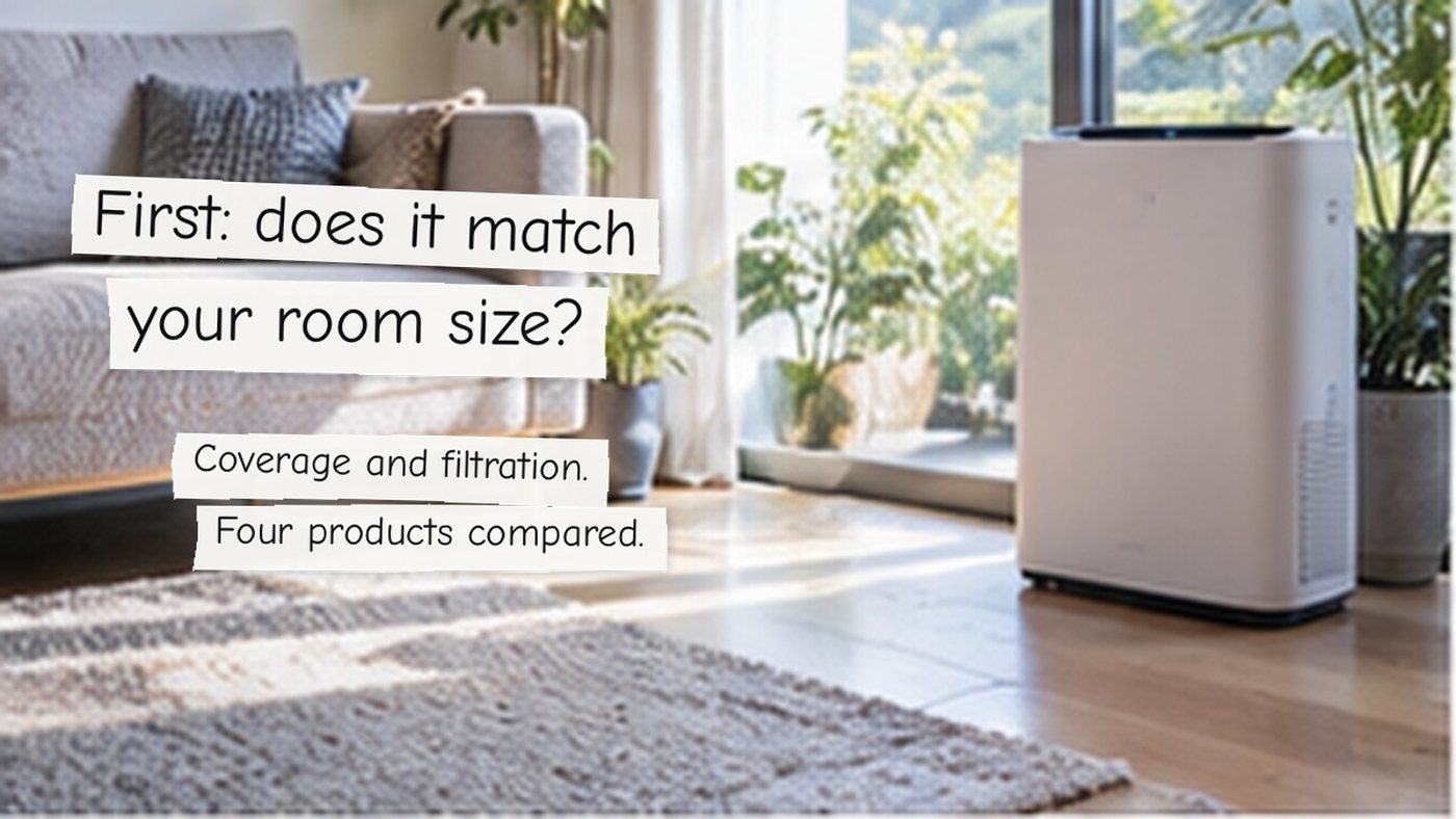 First: does it match your room size? Coverage and filtration. Four products compared.