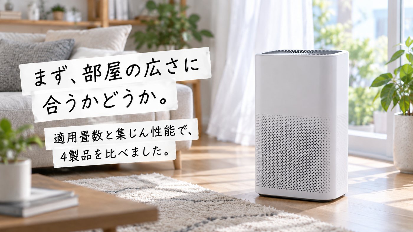 まず、部屋の広さに合うかどうか。 適用畳数と集じん性能で、4製品を比べました。
