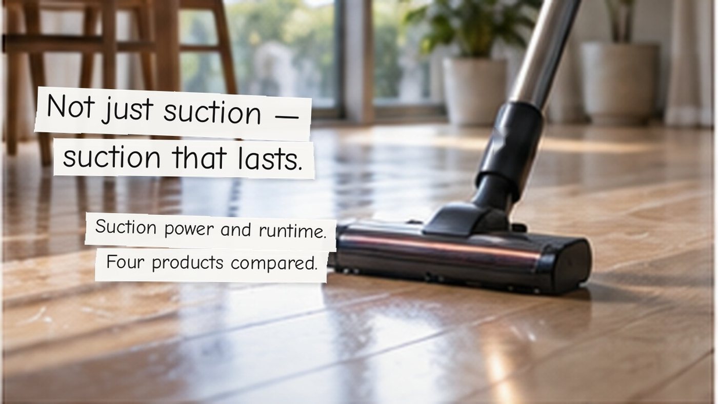 Not just suction - suction that lasts. Suction power and runtime. Four products compared.