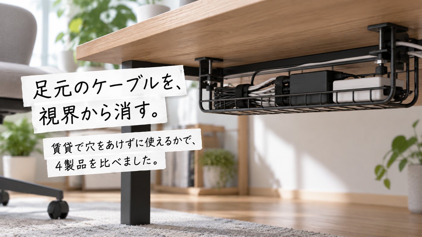 足元のケーブルを、視界から消す。 賃貸で穴をあけずに使えるかで、4製品を比べました。