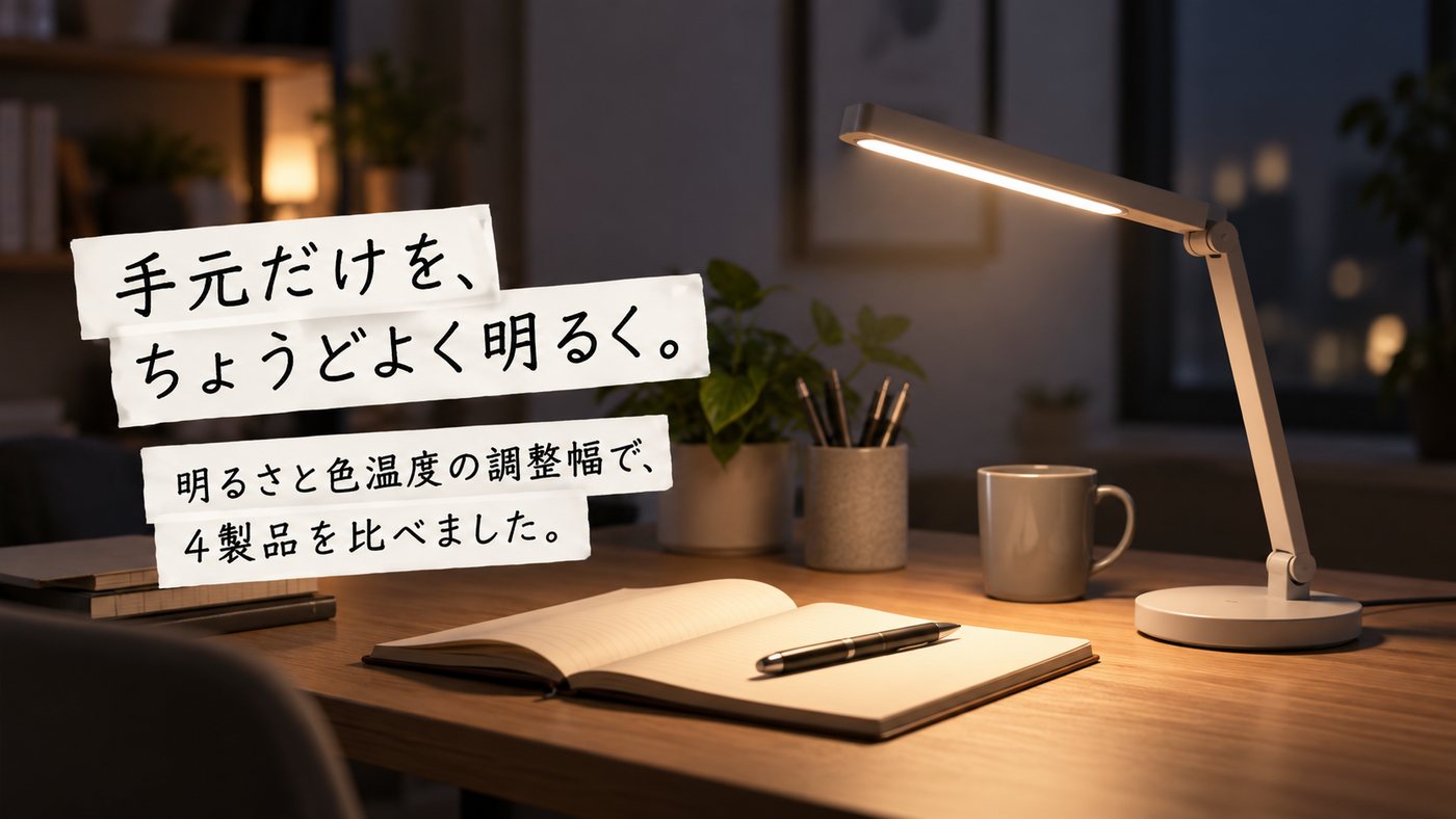 手元だけを、ちょうどよく明るく。 明るさと色温度の調整幅で、4製品を比べました。