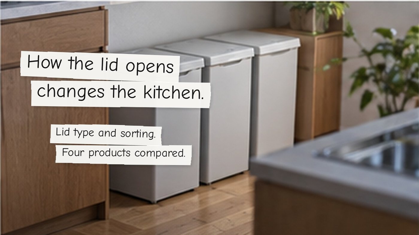 How the lid opens changes the kitchen. Lid type and sorting. Four products compared.