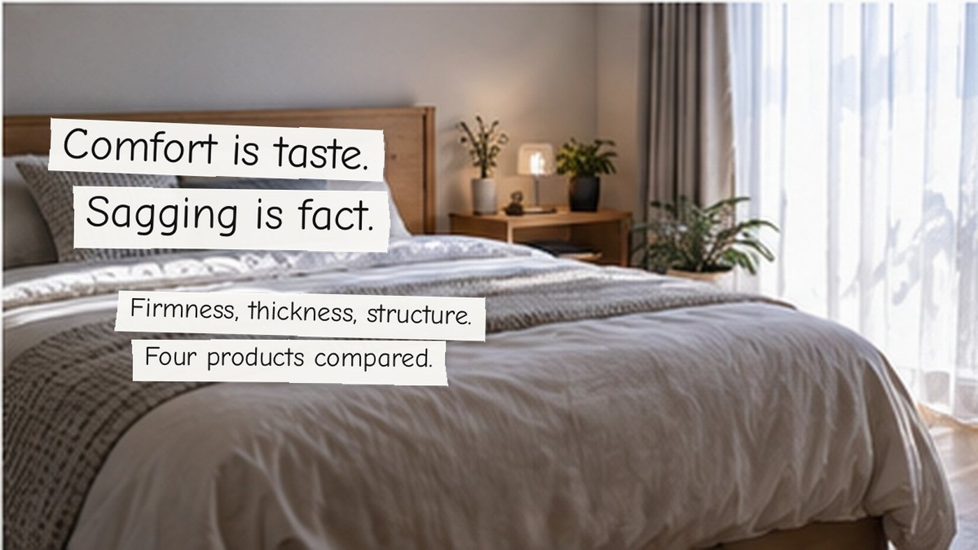 Comfort is taste. Sagging is fact. Firmness, thickness, structure. Four products compared.