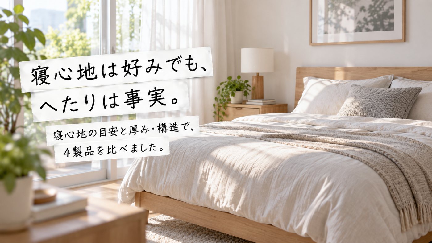 寝心地は好みでも、へたりは事実。 寝心地の目安と厚み・構造で、4製品を比べました。