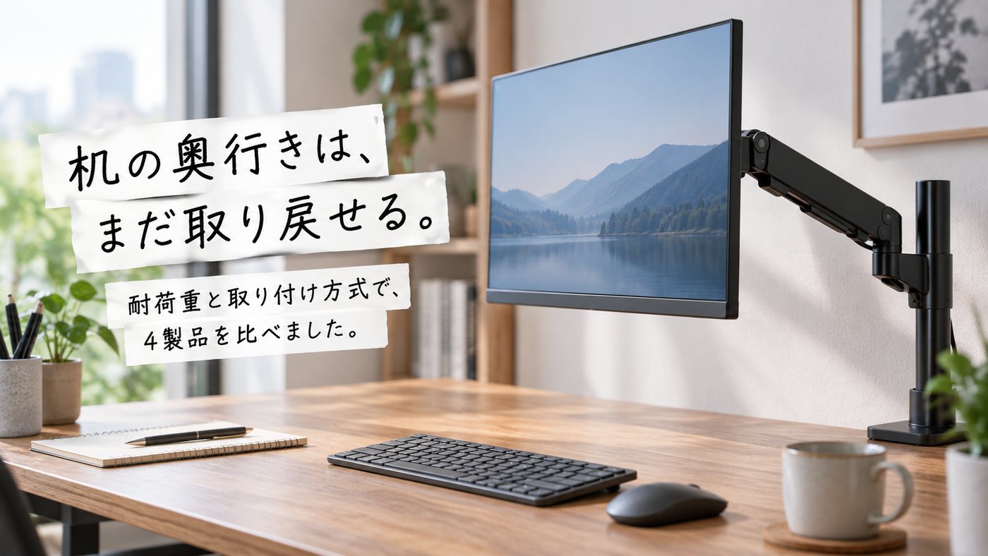 机の奥行きは、まだ取り戻せる。 耐荷重と取り付け方式で、4製品を比べました。