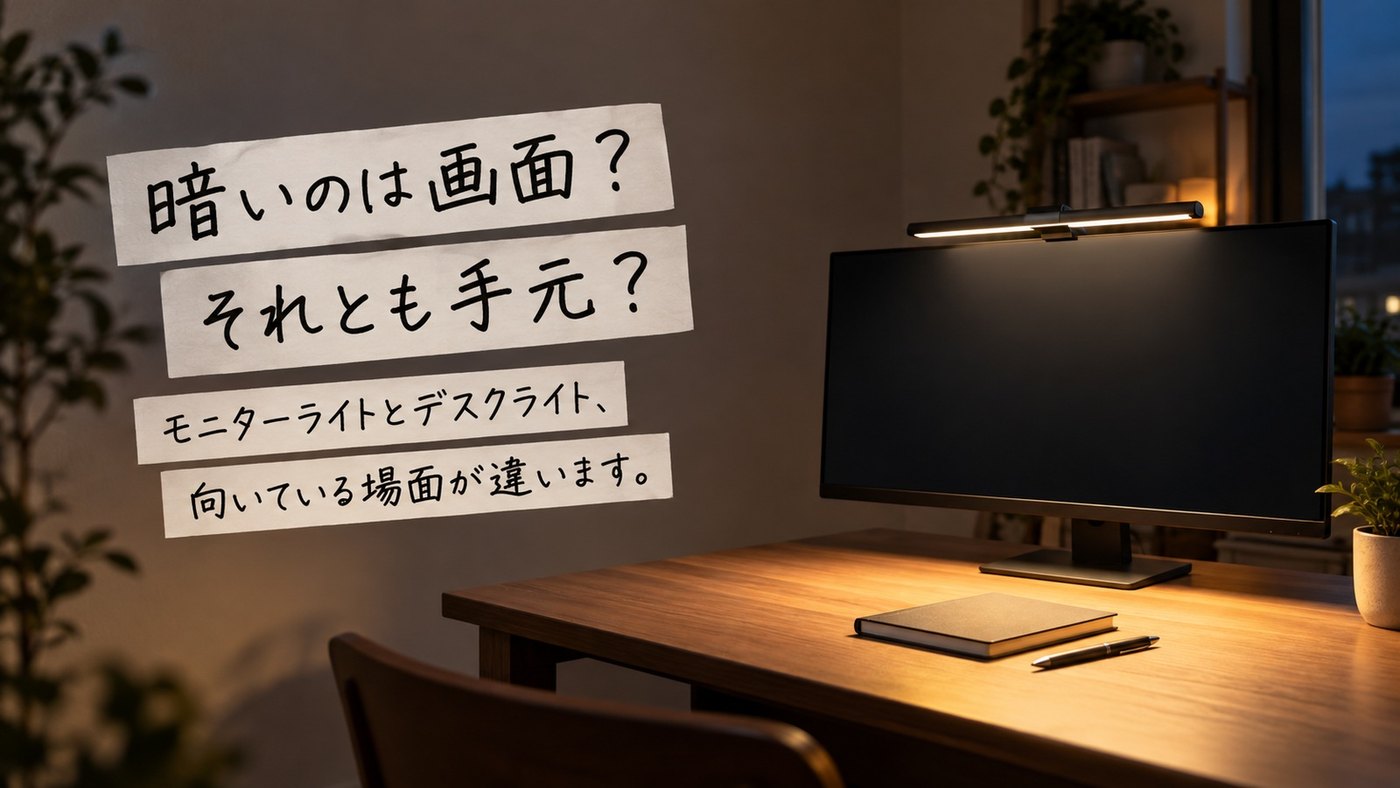 暗いのは画面？ それとも手元？ モニターライトとデスクライト、向いている場面が違います。