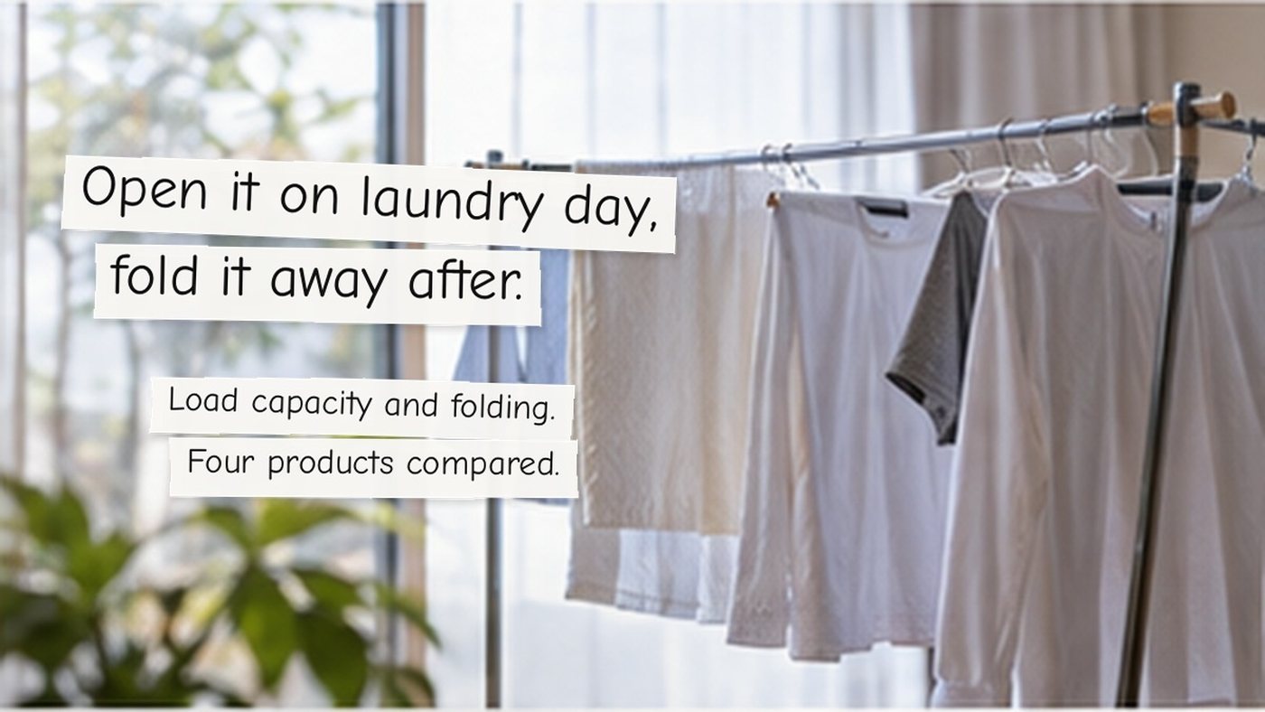 Open it on laundry day, fold it away after. Load capacity and folding. Four products compared.