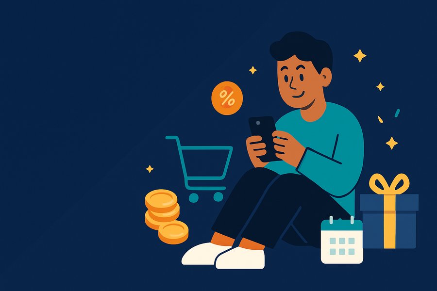 スマートフォンでお得な買い物を楽しむイラスト