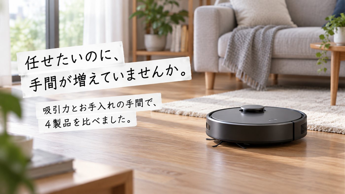 任せたいのに、手間が増えていませんか。 吸引力とお手入れの手間で、4製品を比べました。