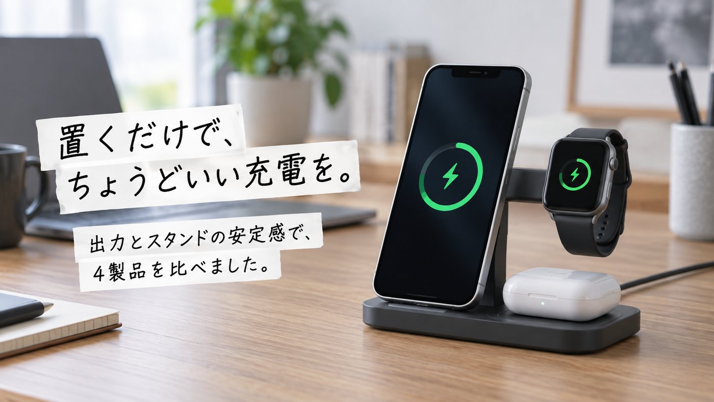 置くだけで、ちょうどいい充電を。 出力とスタンドの安定感で、4製品を比べました。
