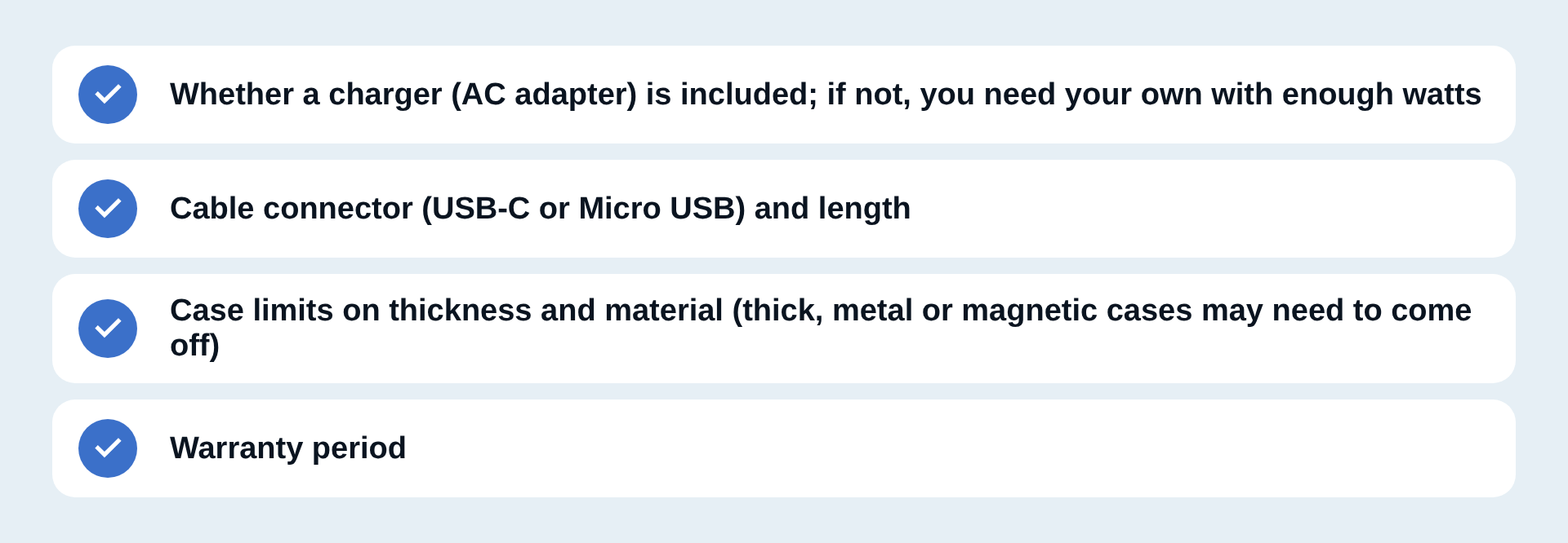 Four points: included items, case limits and warranty