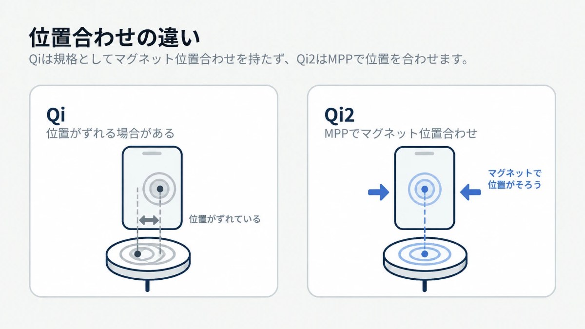 Qiではコイル位置がずれる場合があり、Qi2ではマグネットで位置を合わせる違いを示す図