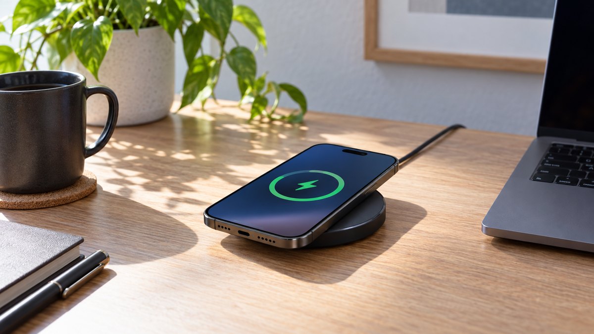 木製デスク上でスマートフォンをワイヤレス充電しているイメージ